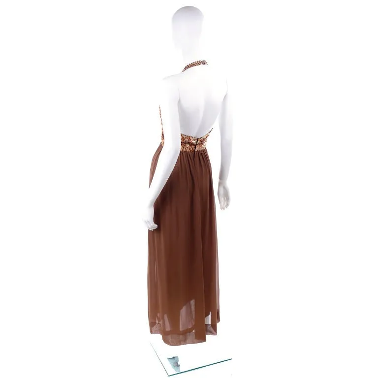 S/S 1996 Givenchy Vintage Brown Silk Halter Dress w Sequins & Beads