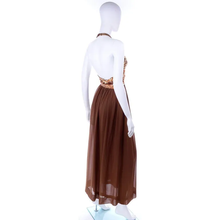 S/S 1996 Givenchy Vintage Brown Silk Halter Dress w Sequins & Beads