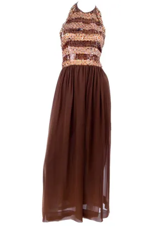S/S 1996 Givenchy Vintage Brown Silk Halter Dress w Sequins & Beads