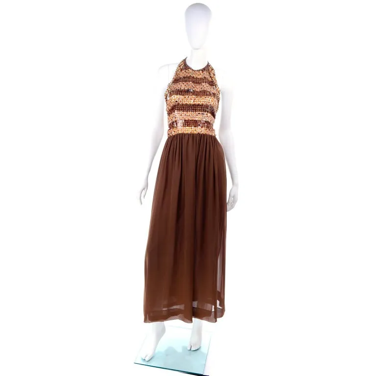 S/S 1996 Givenchy Vintage Brown Silk Halter Dress w Sequins & Beads