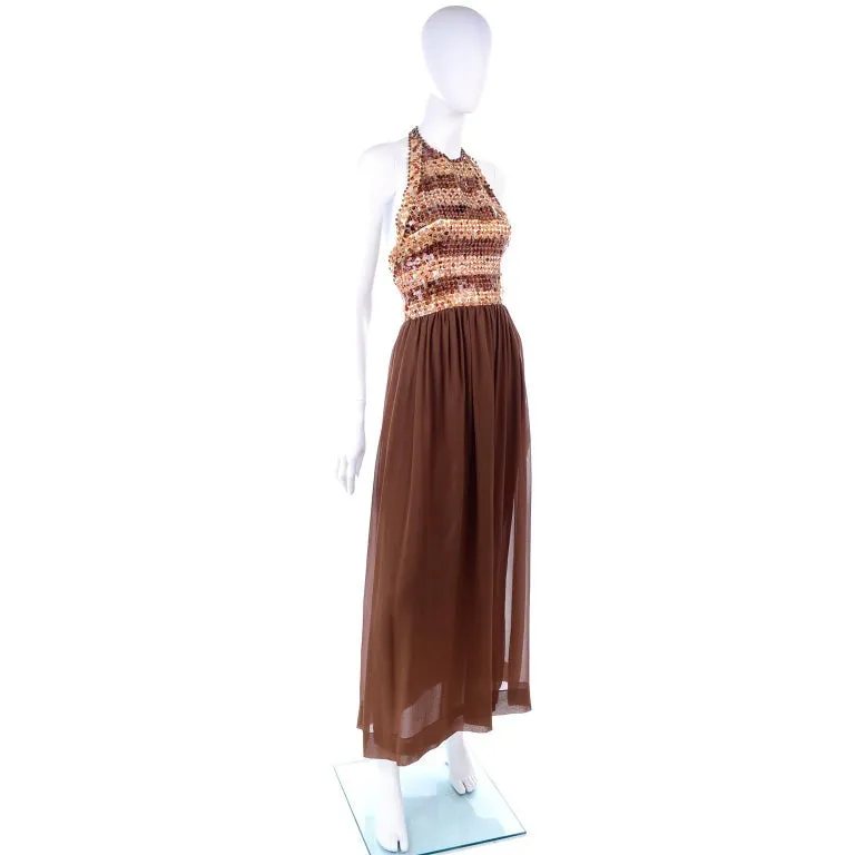 S/S 1996 Givenchy Vintage Brown Silk Halter Dress w Sequins & Beads