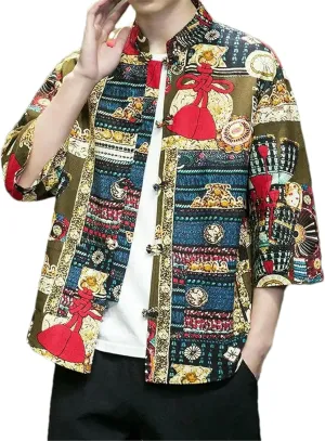 Summer Lightweight Men Casual Jacket 3/4 Sleeve Chinese Men's Mandarin Collar Buttoned Print Short Sleeve Shirt