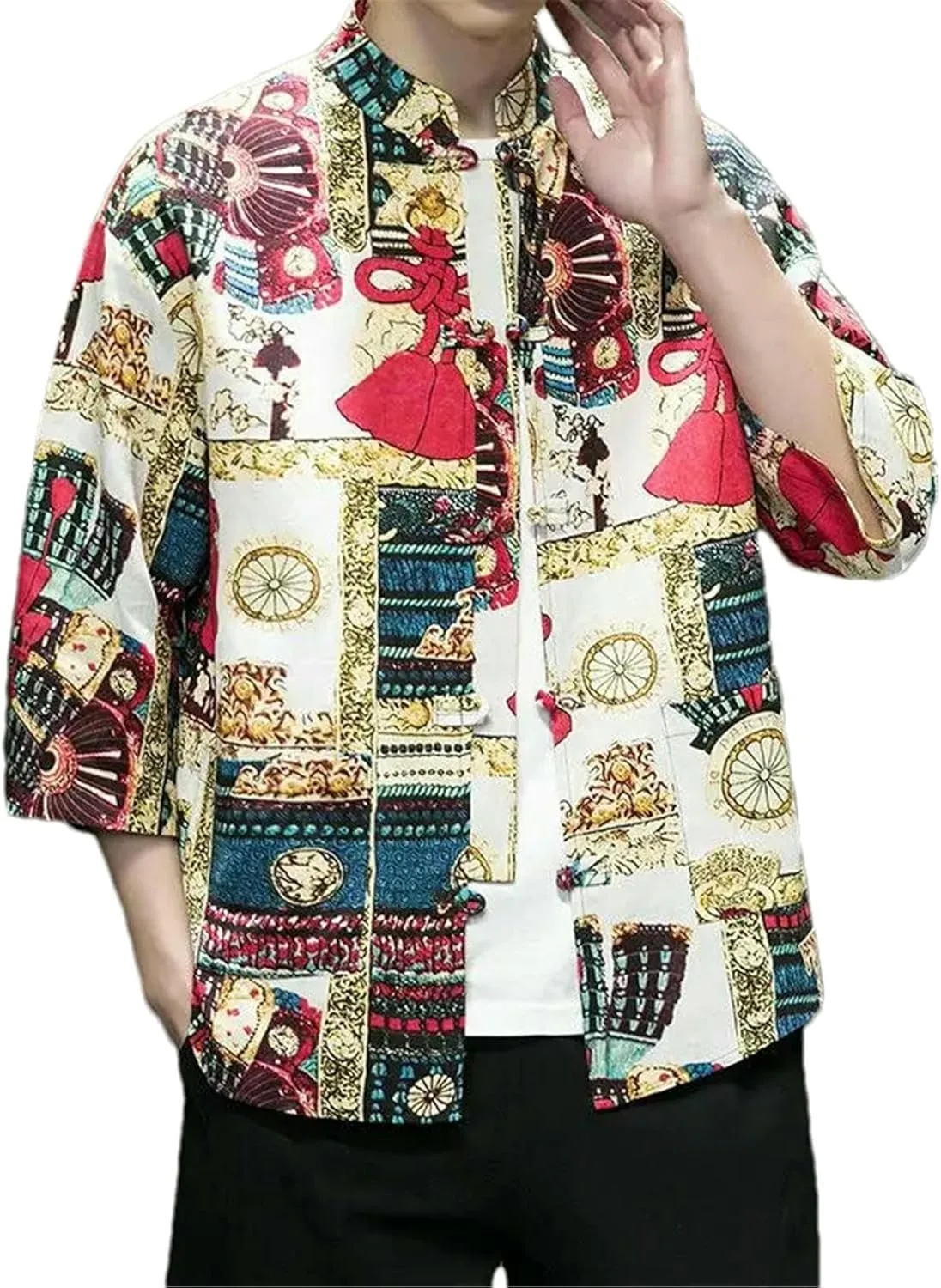 Summer Lightweight Men Casual Jacket 3/4 Sleeve Chinese Men's Mandarin Collar Buttoned Print Short Sleeve Shirt