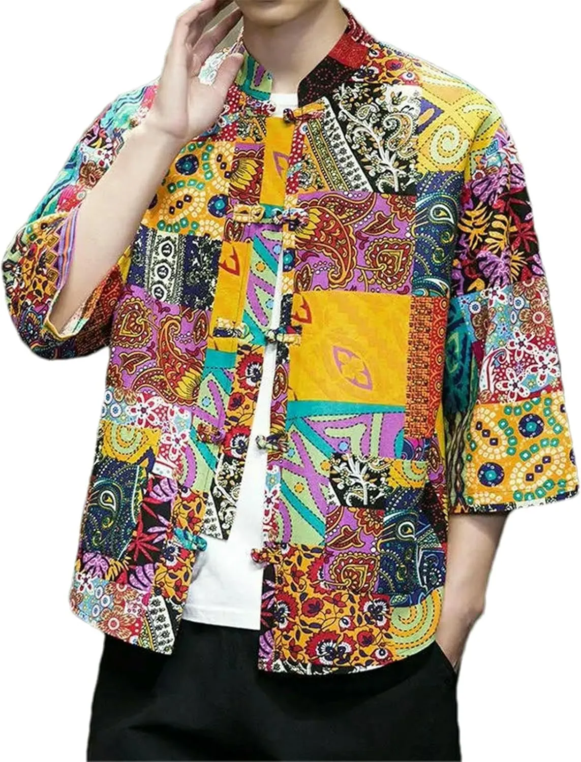 Summer Lightweight Men Casual Jacket 3/4 Sleeve Chinese Men's Mandarin Collar Buttoned Print Short Sleeve Shirt