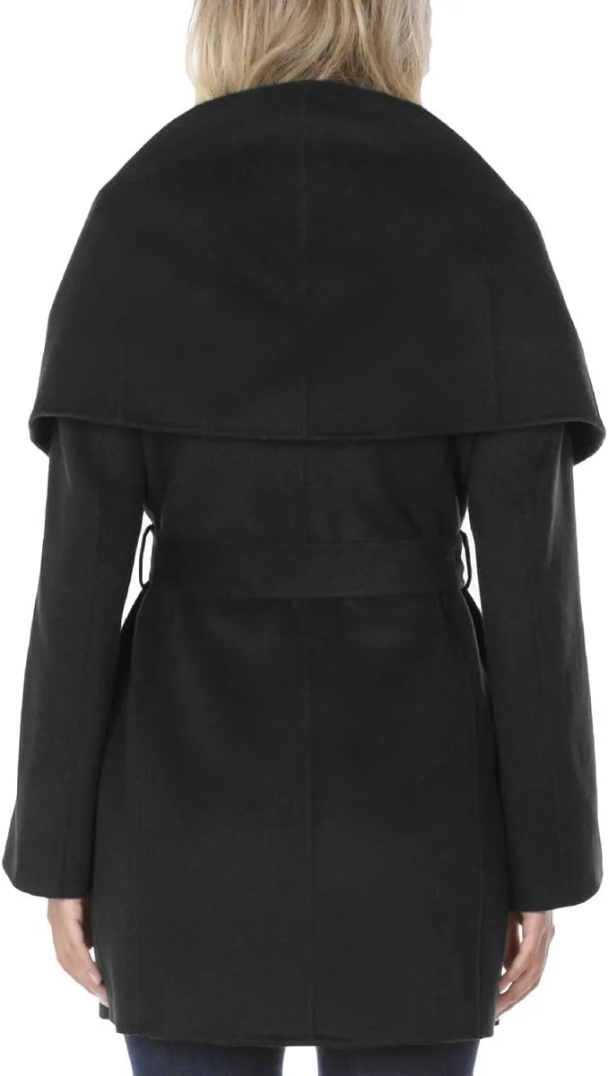 TAHARI Women's Marilyn Lightweight Double Face Wool Wrap Coat with Oversized Collar