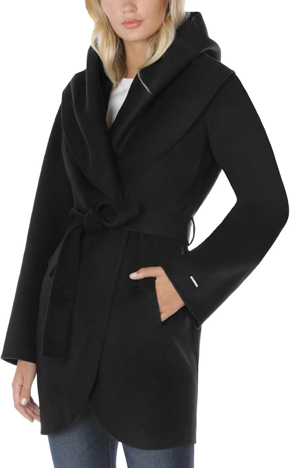 TAHARI Women's Marilyn Lightweight Double Face Wool Wrap Coat with Oversized Collar