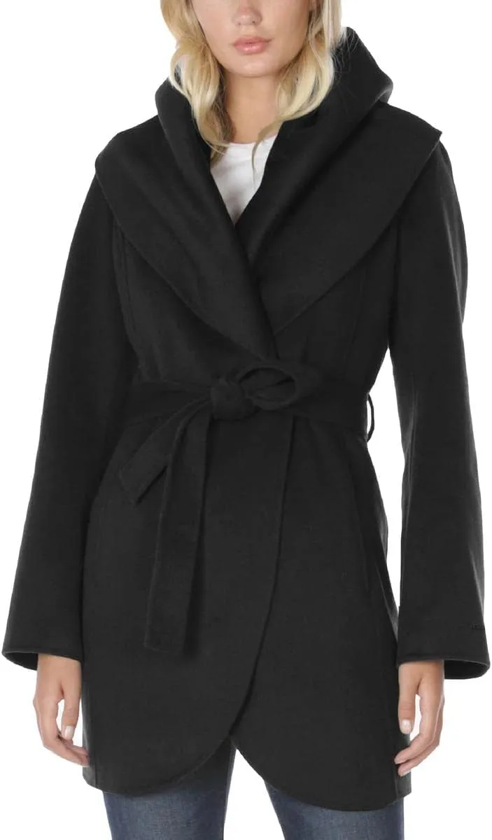 TAHARI Women's Marilyn Lightweight Double Face Wool Wrap Coat with Oversized Collar