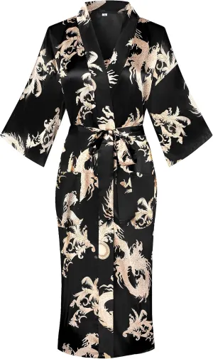 Valennia Women Long Silky Bathrobe Satin Kimono Robe Floral Printed Dressing Gown Sleepwear