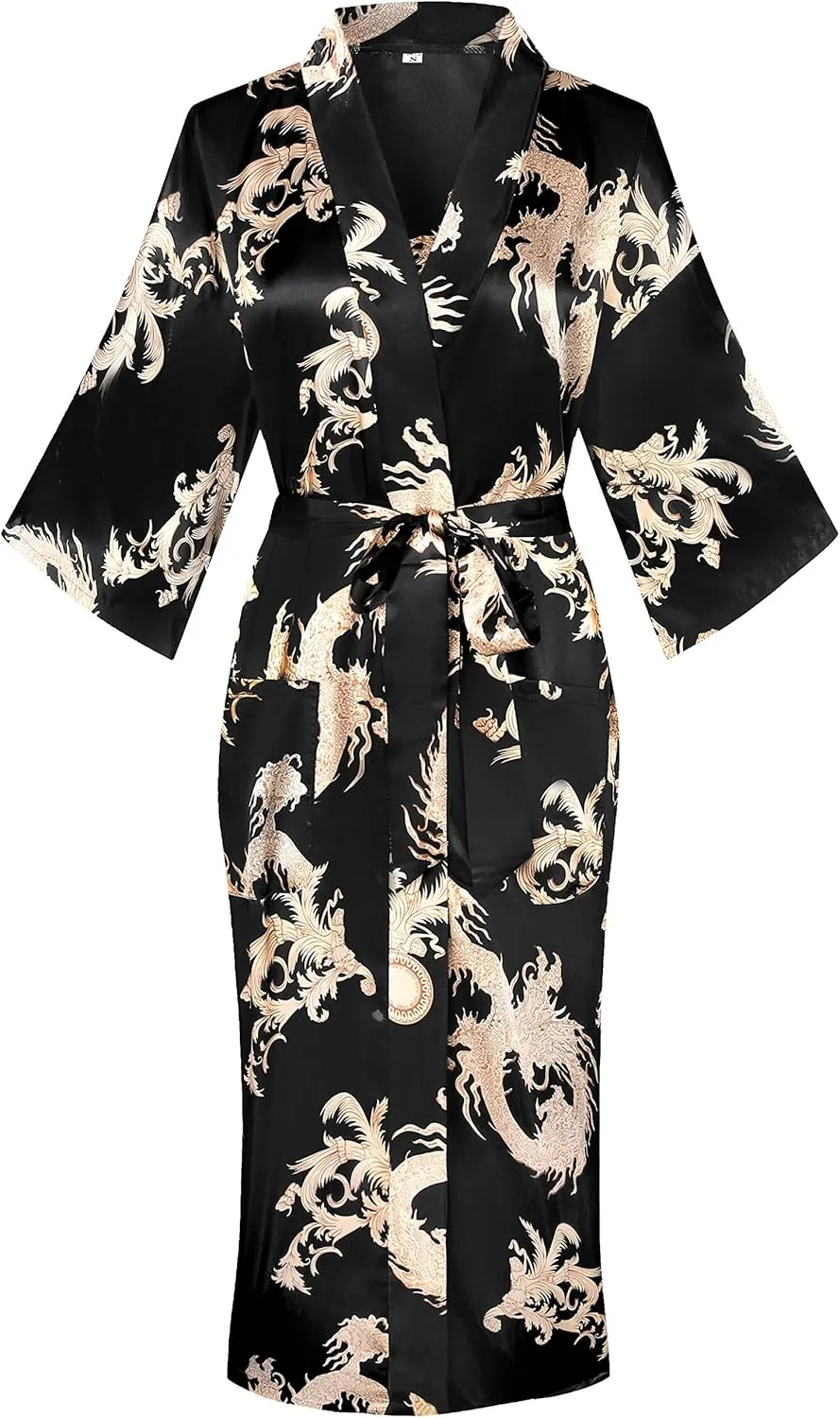Valennia Women Long Silky Bathrobe Satin Kimono Robe Floral Printed Dressing Gown Sleepwear