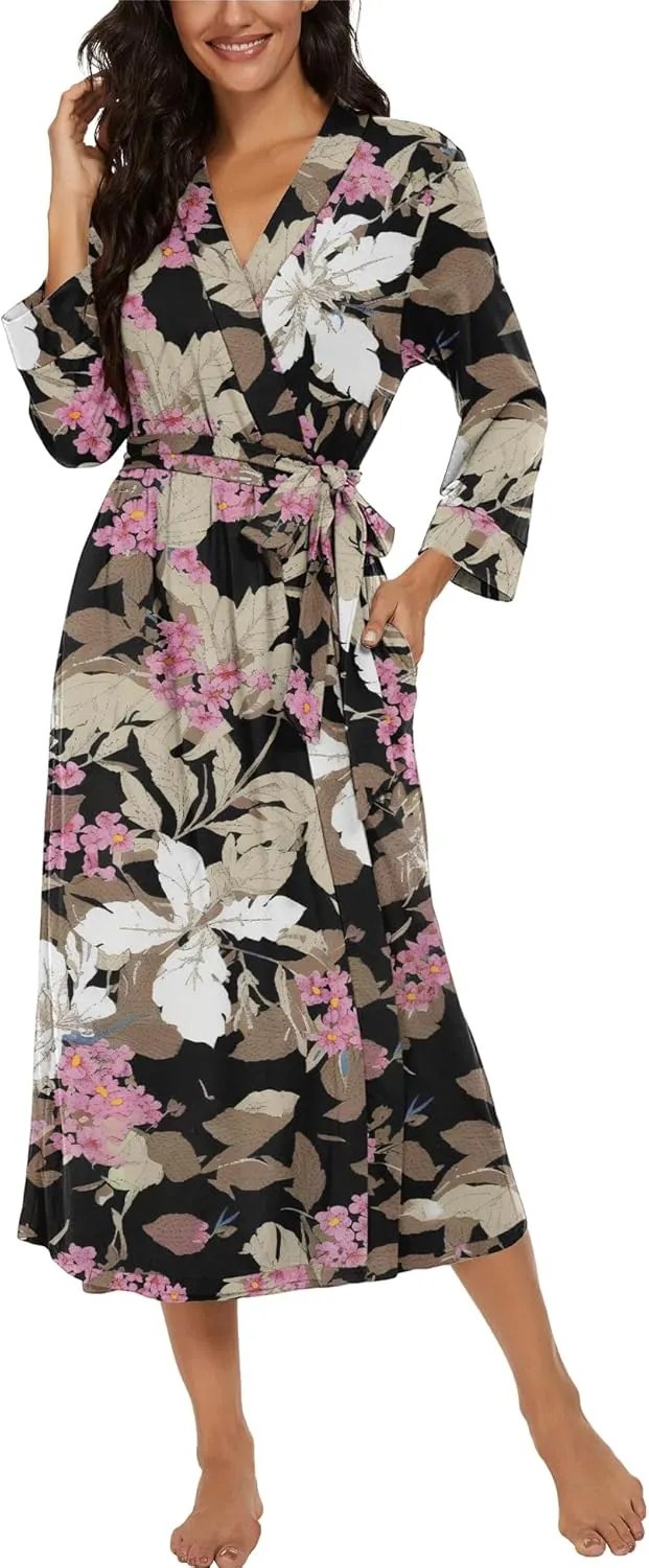 VINTATRE Women Kimono Robes Long Knit Bathrobe Lightweight Soft Knit Sleepwear V-neck Casual Ladies Loungewear