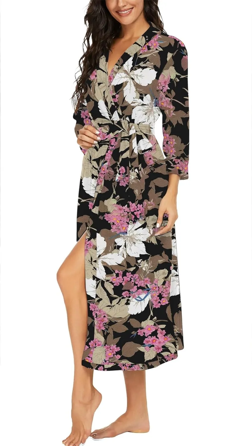 VINTATRE Women Kimono Robes Long Knit Bathrobe Lightweight Soft Knit Sleepwear V-neck Casual Ladies Loungewear