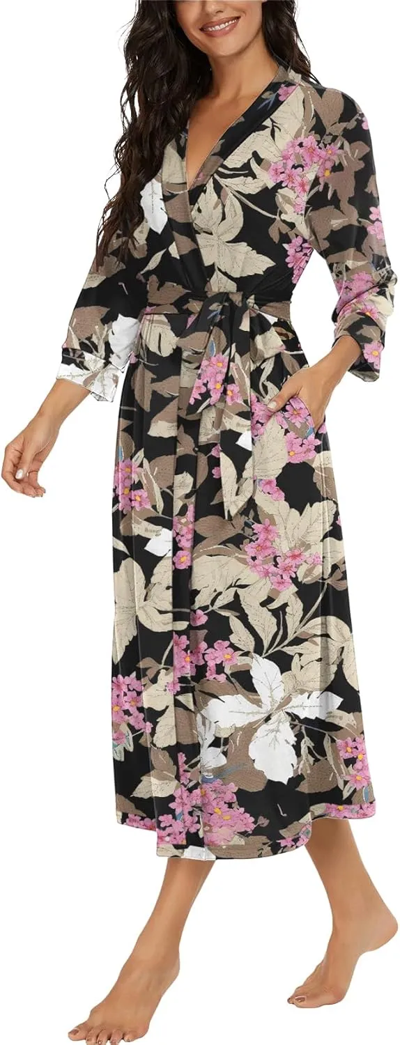 VINTATRE Women Kimono Robes Long Knit Bathrobe Lightweight Soft Knit Sleepwear V-neck Casual Ladies Loungewear
