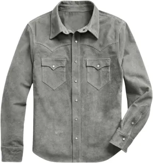Western Denim Style Roughout Suede Shirt - Soft Genuine Suede Leather Journeyman Down Shacket Jacket