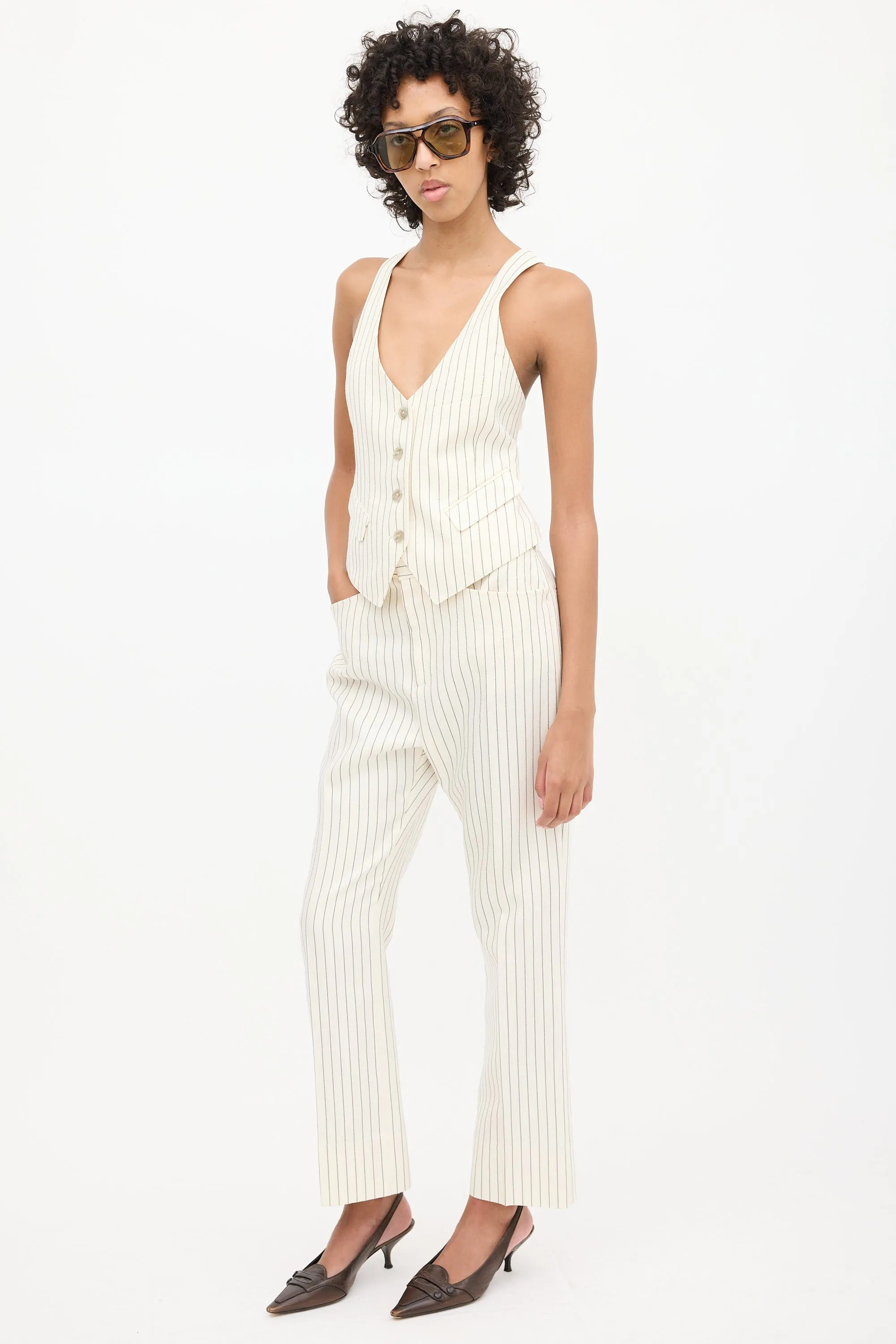 White & Black Pinstripe Vest & Pant Suit