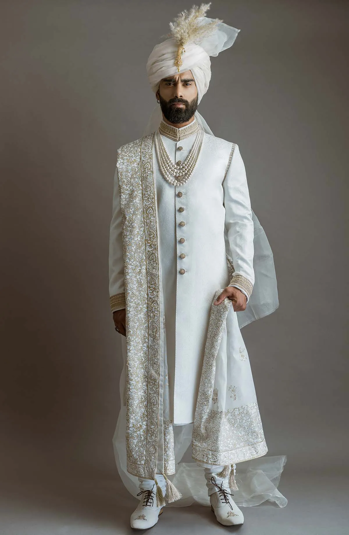 White Embroidered Jamawar Sherwani