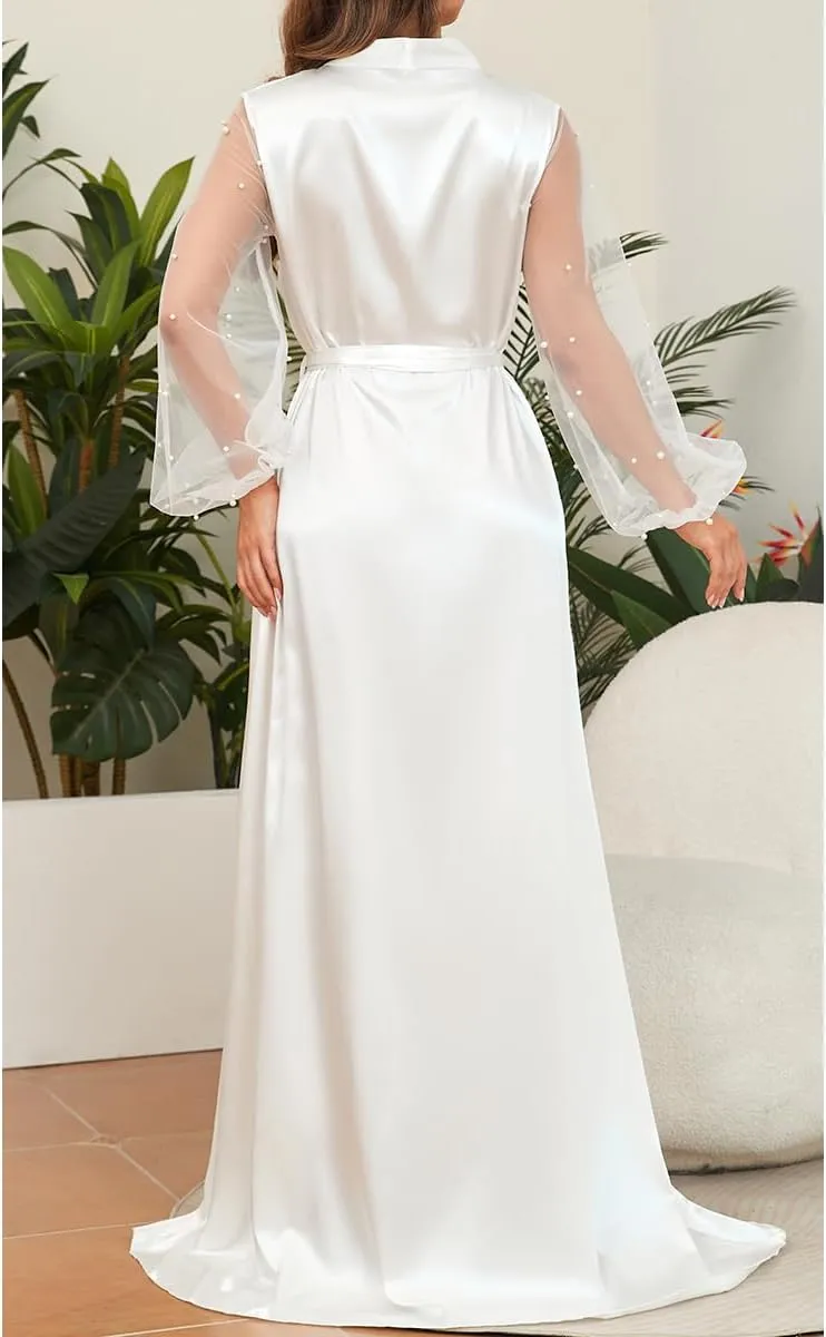 Women Long Sleeve Bridal Robes White Satin Bride Robe Nightwear Floor Length Dressing Gown
