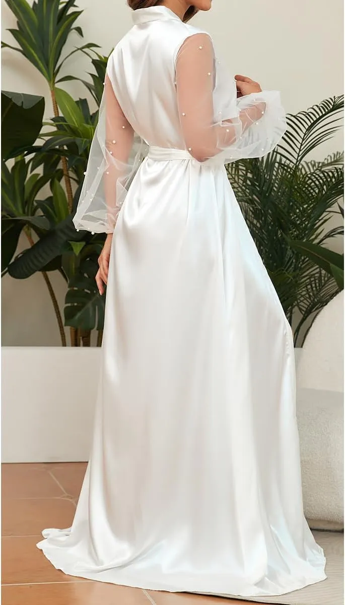 Women Long Sleeve Bridal Robes White Satin Bride Robe Nightwear Floor Length Dressing Gown