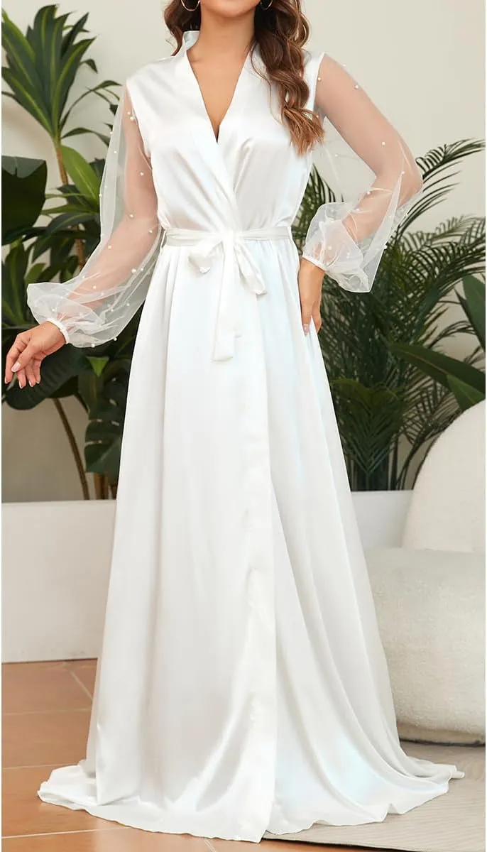 Women Long Sleeve Bridal Robes White Satin Bride Robe Nightwear Floor Length Dressing Gown
