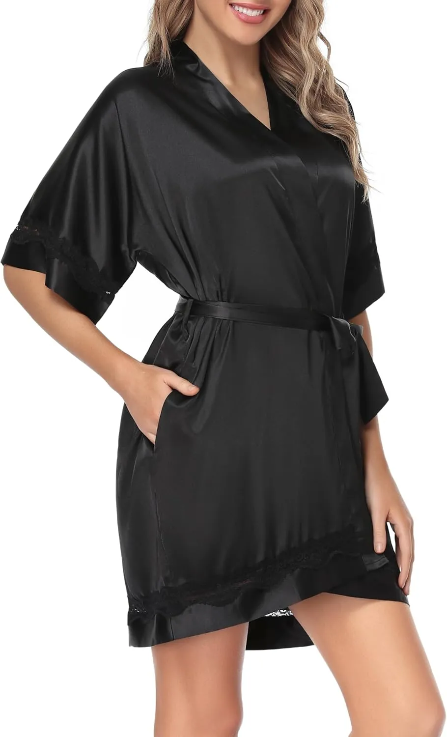 Women Satin Robes Short Lace-Trim Silk Robe Lightweight Bride Bridesmaid Party Robes Ladies Loungewear Sleepwear