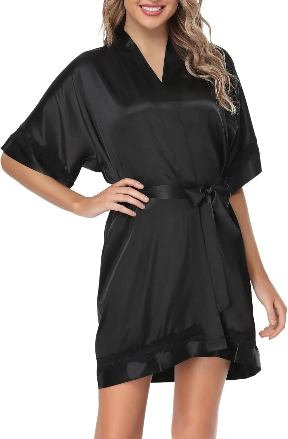 Women Satin Robes Short Lace-Trim Silk Robe Lightweight Bride Bridesmaid Party Robes Ladies Loungewear Sleepwear