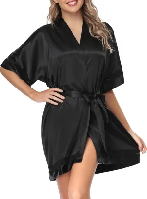 Women Satin Robes Short Lace-Trim Silk Robe Lightweight Bride Bridesmaid Party Robes Ladies Loungewear Sleepwear