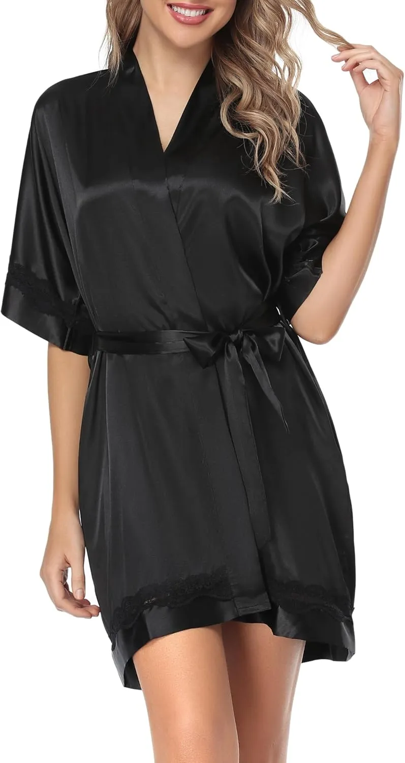 Women Satin Robes Short Lace-Trim Silk Robe Lightweight Bride Bridesmaid Party Robes Ladies Loungewear Sleepwear