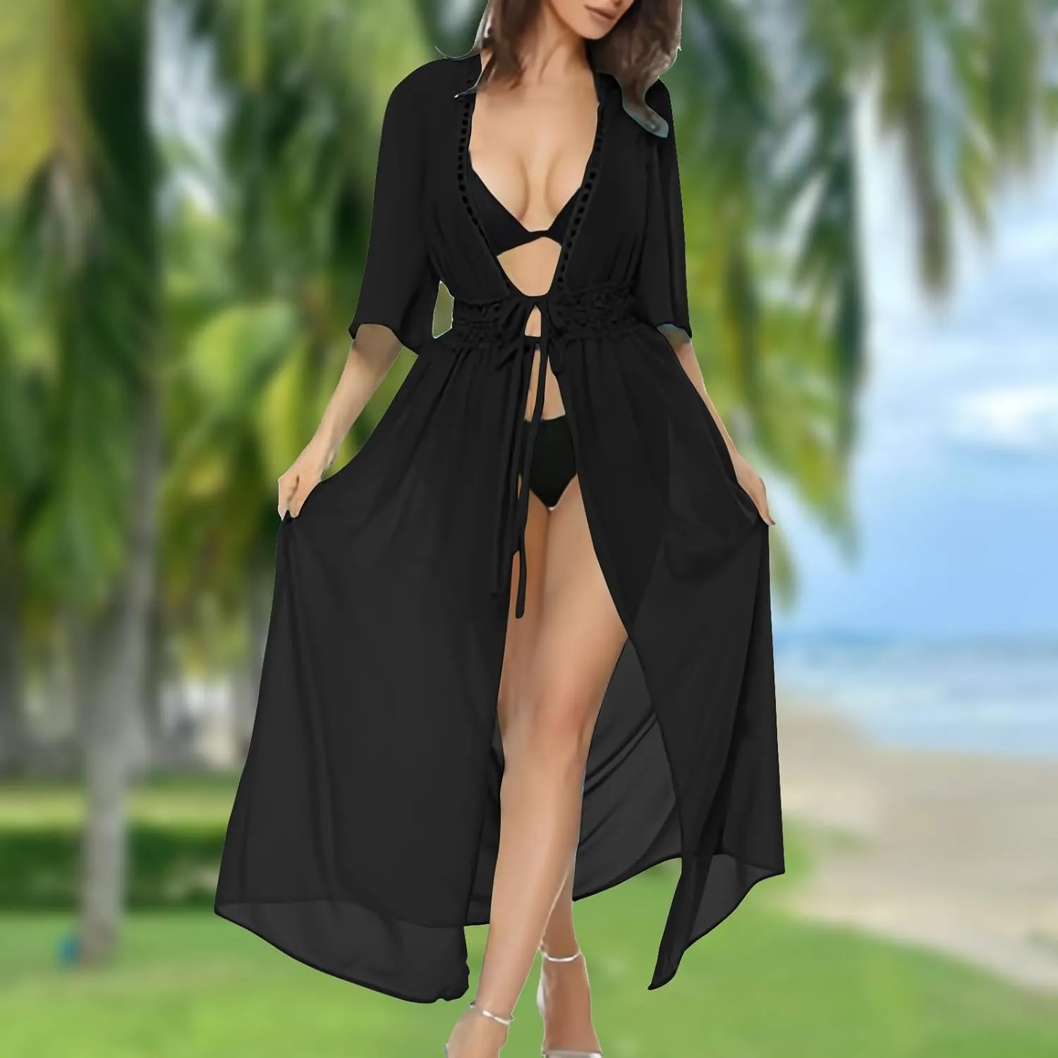 Womens Chiffon Kimono Cardigan Plus Size Short Sleeve Lace-Up Open Front Coats Lightweight Beach Bathing Suit Coverup