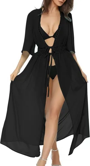 Womens Chiffon Kimono Cardigan Plus Size Short Sleeve Lace-Up Open Front Coats Lightweight Beach Bathing Suit Coverup