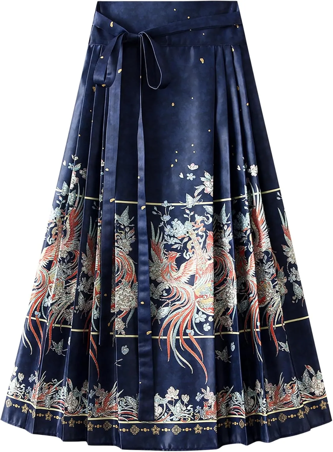 Women's Horse Face Skirt Flower Print Pleated Tie Up A-Line Long Skirt Chinese Style Ming Dynasty Hanfu Midi Skirt