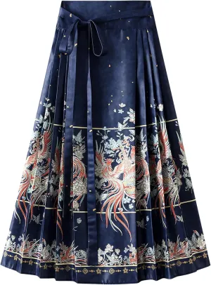 Women's Horse Face Skirt Flower Print Pleated Tie Up A-Line Long Skirt Chinese Style Ming Dynasty Hanfu Midi Skirt
