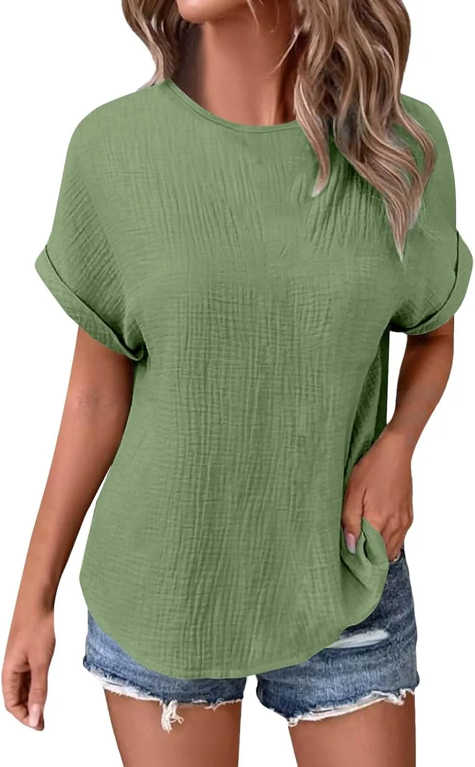 Womens Summer Tops Short Sleeve T-Shirts Business Casual 2025 Waffle Blouses Loose Fit Outfits with Chest Pocket