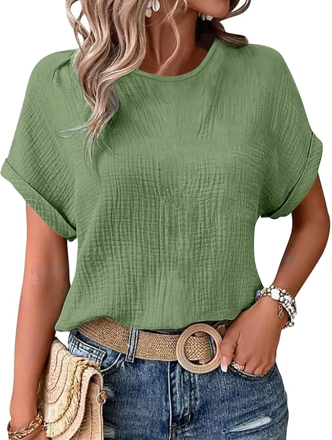 Womens Summer Tops Short Sleeve T-Shirts Business Casual 2025 Waffle Blouses Loose Fit Outfits with Chest Pocket