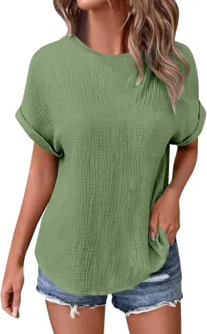 Womens Summer Tops Short Sleeve T-Shirts Business Casual 2025 Waffle Blouses Loose Fit Outfits with Chest Pocket