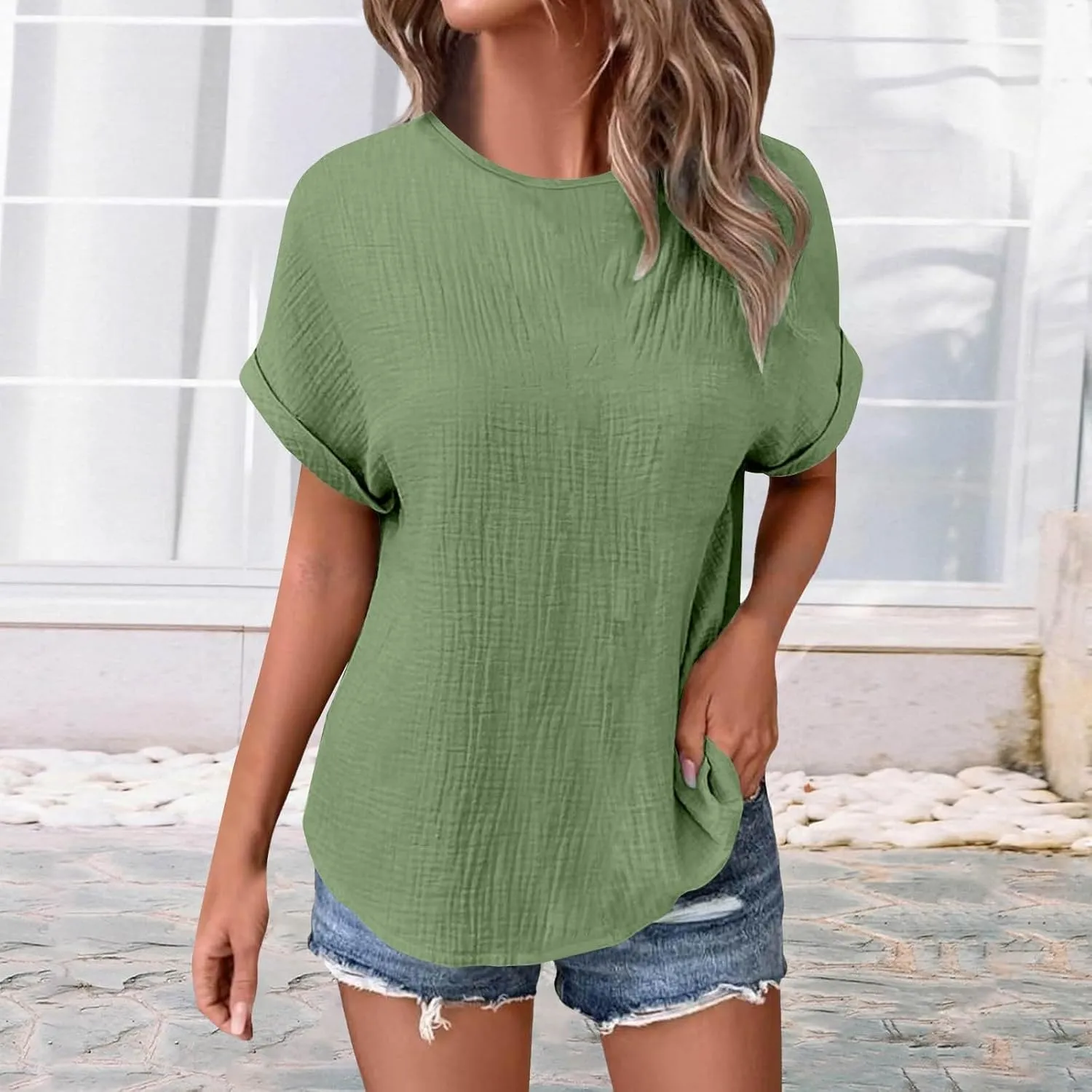 Womens Summer Tops Short Sleeve T-Shirts Business Casual 2025 Waffle Blouses Loose Fit Outfits with Chest Pocket
