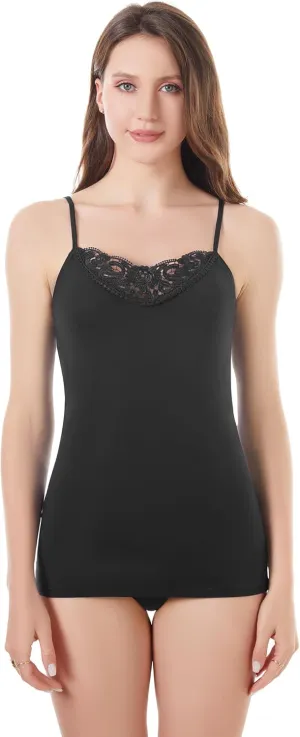 Womens Tank Top Camisoles with Premium Cotton Italian Design - Trimmed with Flower Lace on Neckline