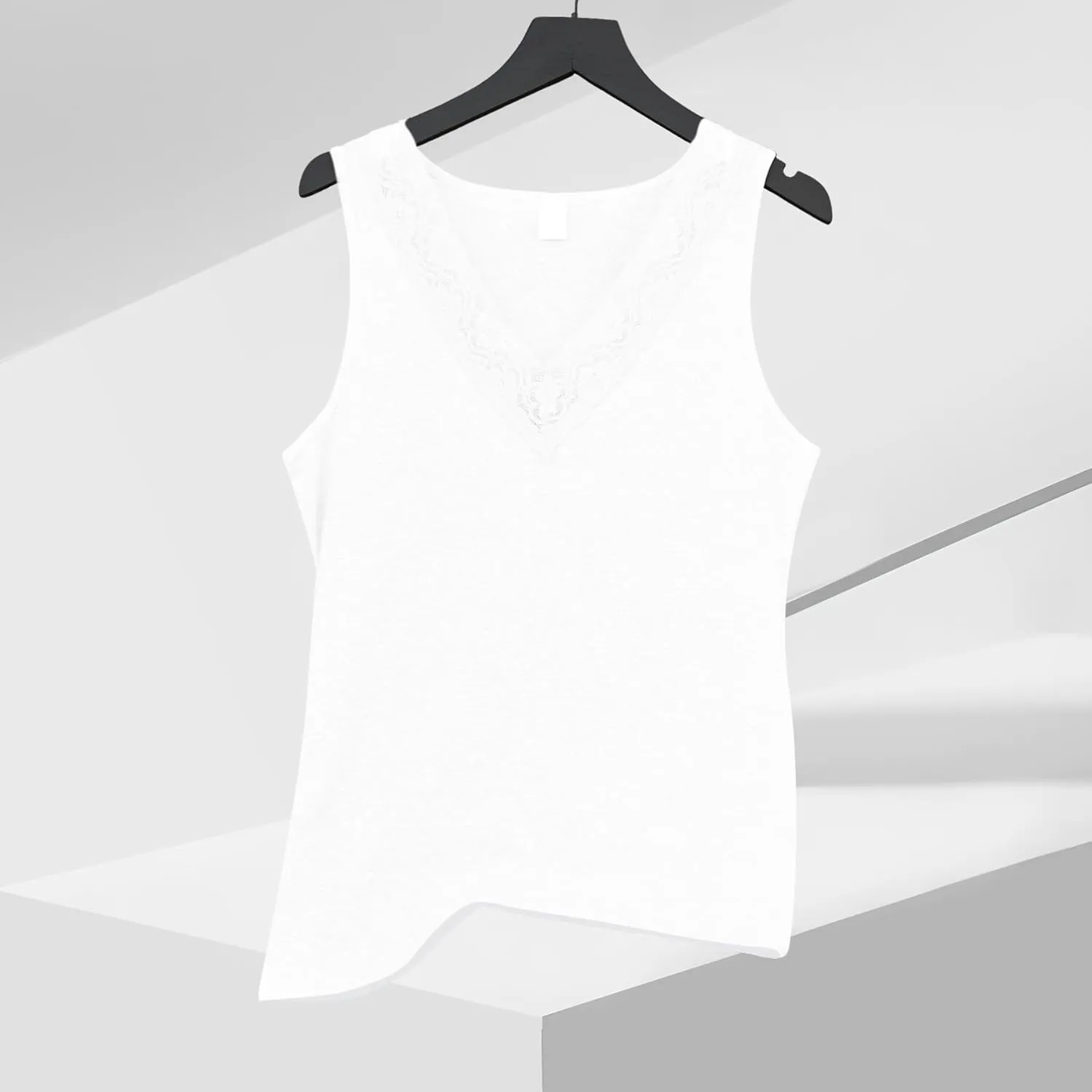 Womens Tank Top Camisoles with Premium Cotton Italian Design - Trimmed with Flower Lace on Neckline