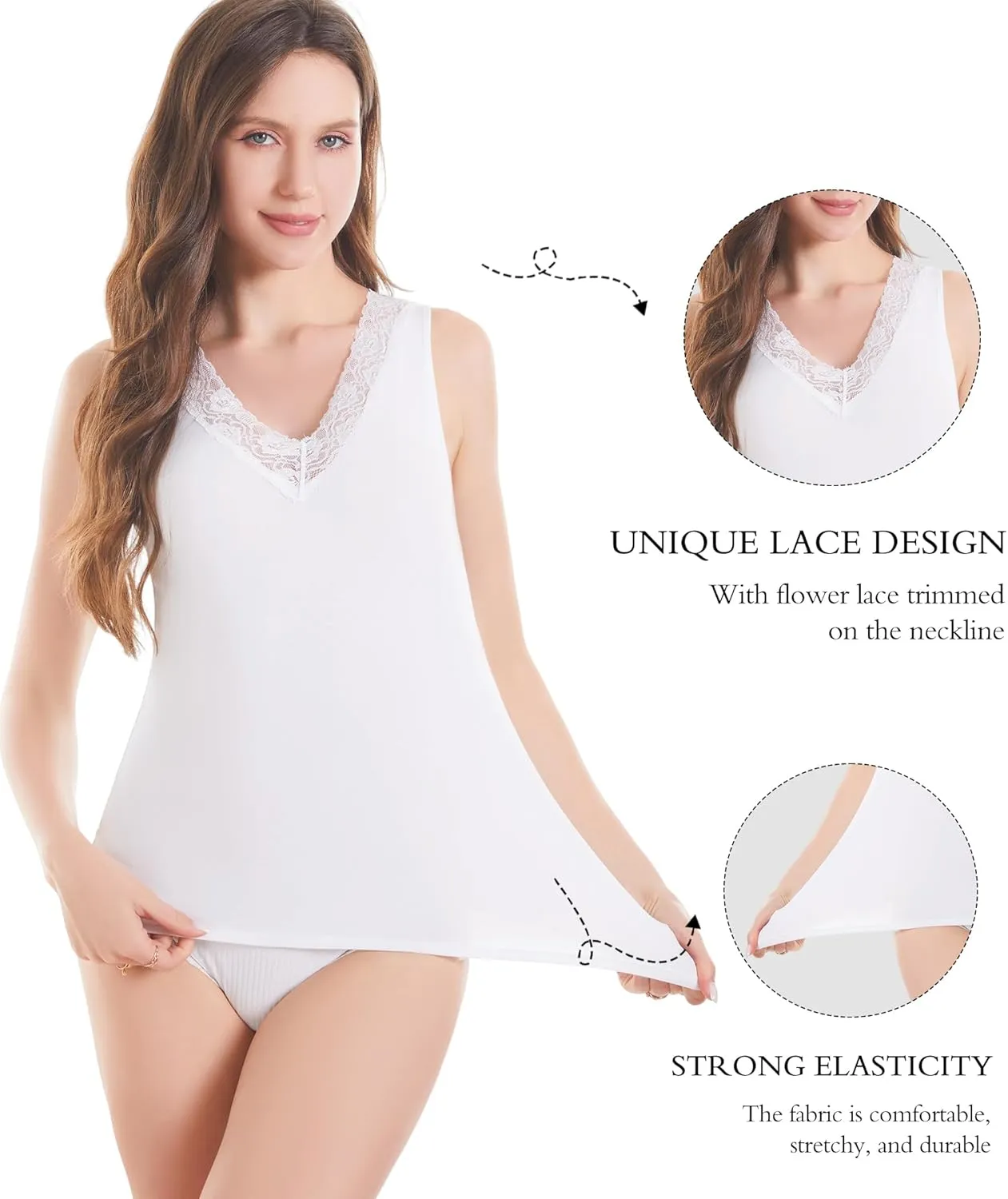 Womens Tank Top Camisoles with Premium Cotton Italian Design - Trimmed with Flower Lace on Neckline