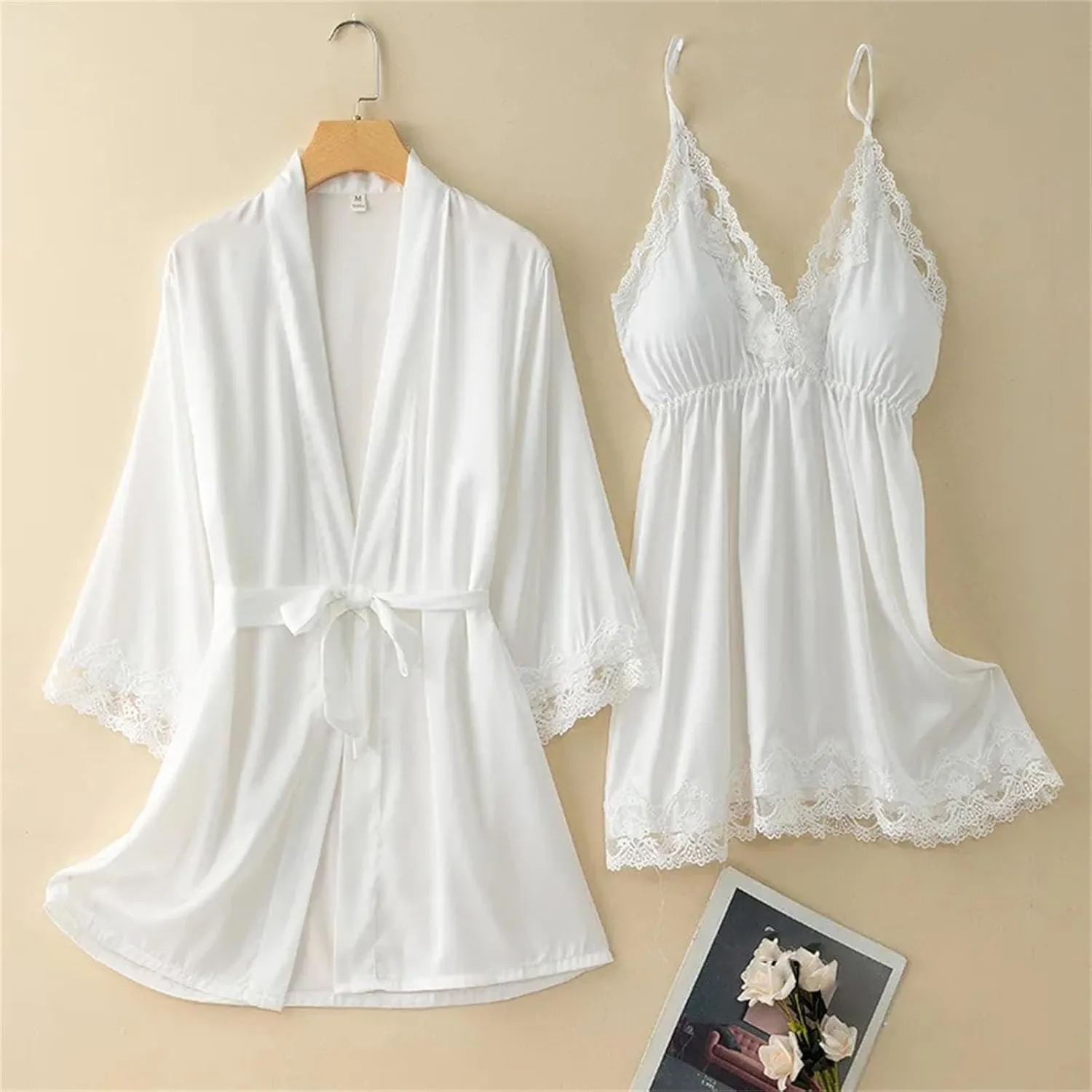 Women's V-Neck Robe & Nightgown Set, Lace Edge Kimono Bathrobe for Casual Homewear & Sleepwear