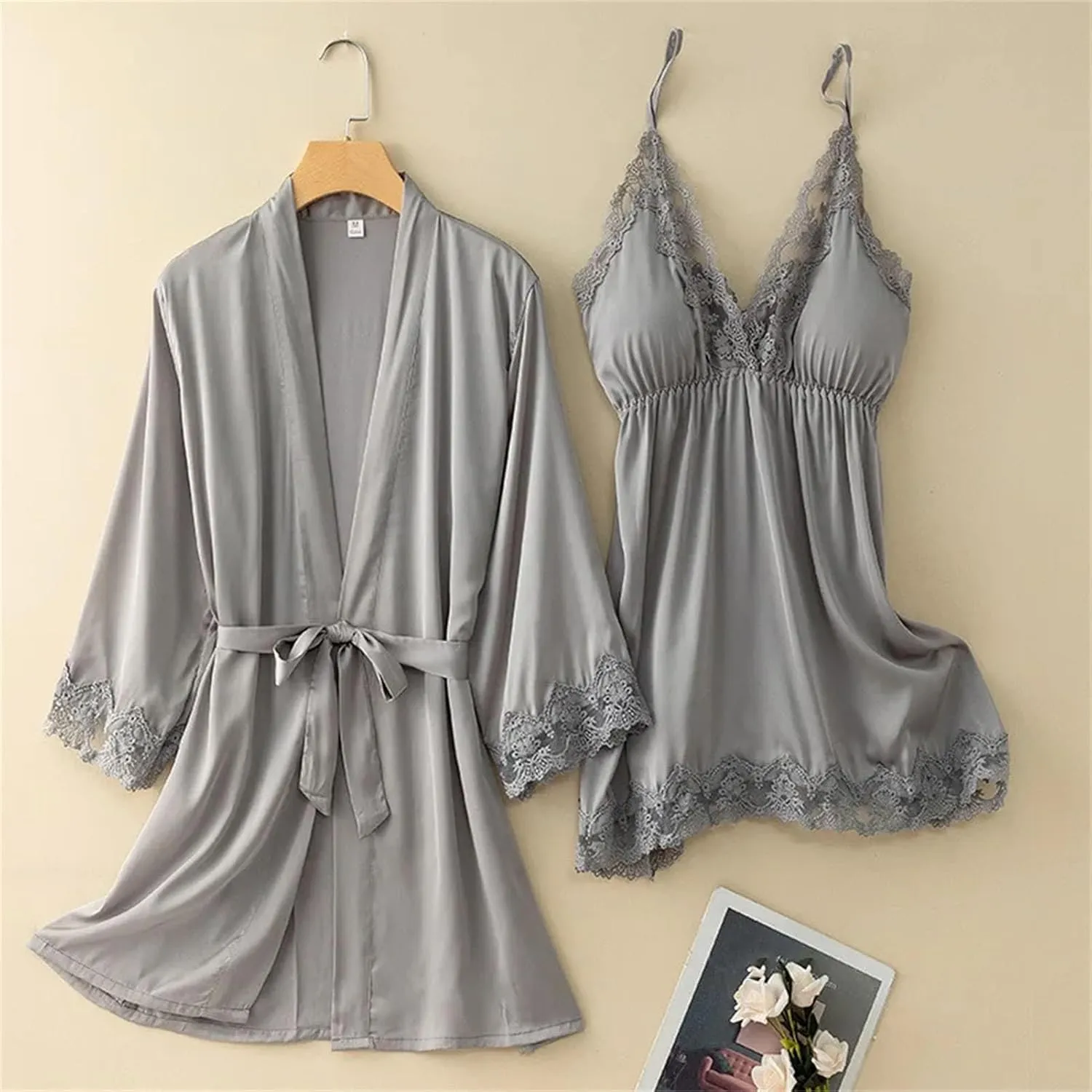 Women's V-Neck Robe & Nightgown Set, Lace Edge Kimono Bathrobe for Casual Homewear & Sleepwear