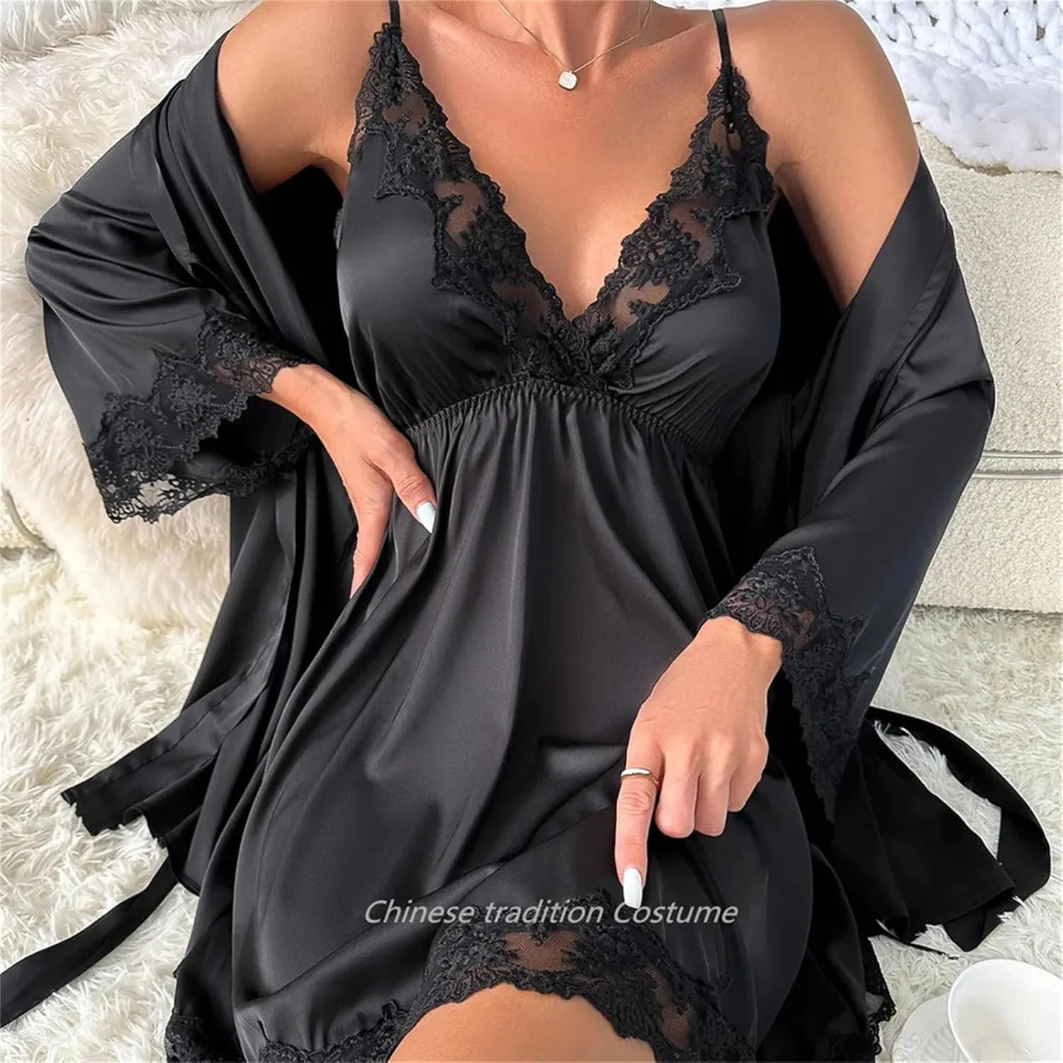 Women's V-Neck Robe & Nightgown Set, Lace Edge Kimono Bathrobe for Casual Homewear & Sleepwear
