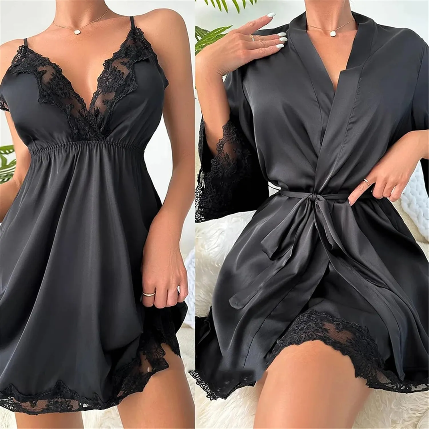 Women's V-Neck Robe & Nightgown Set, Lace Edge Kimono Bathrobe for Casual Homewear & Sleepwear