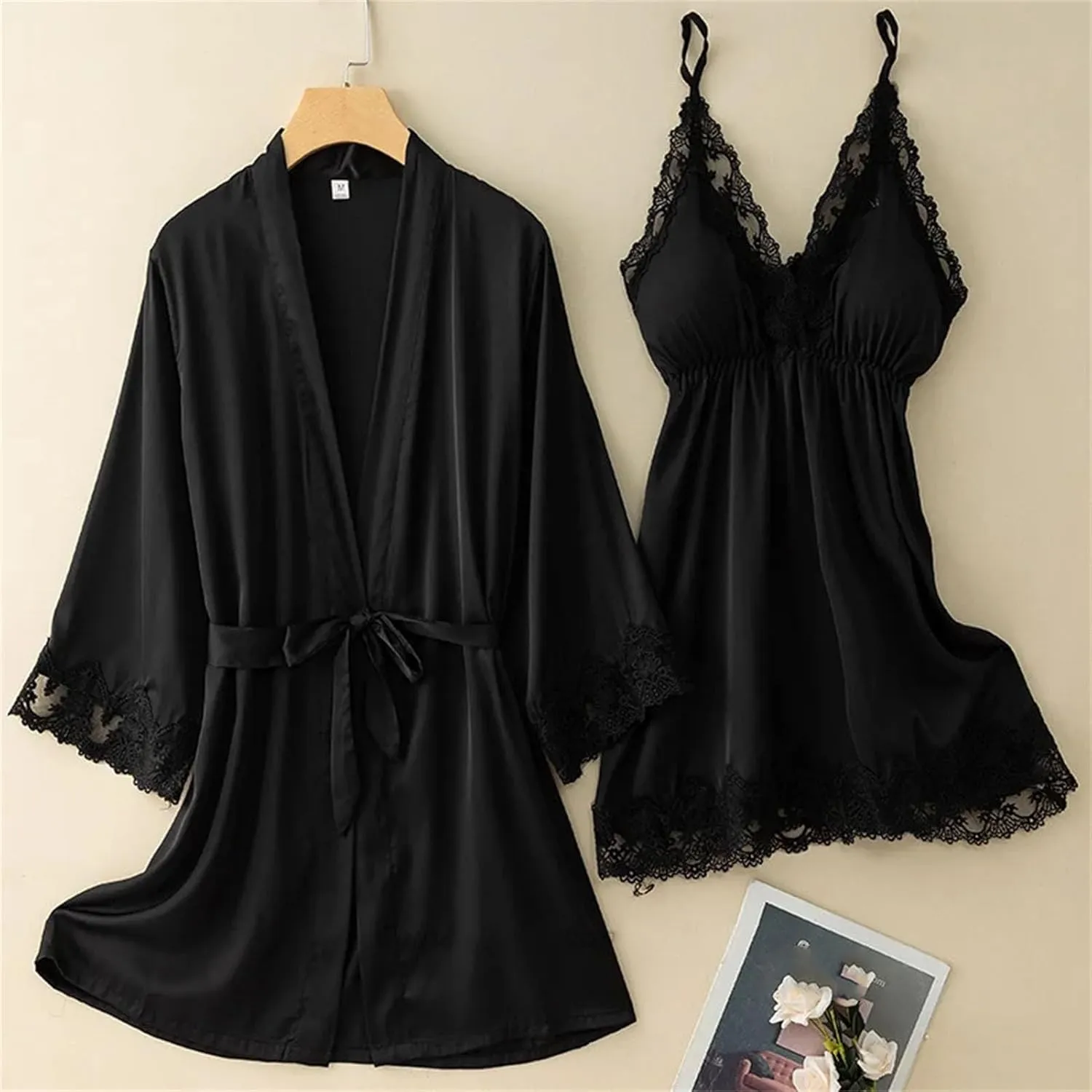 Women's V-Neck Robe & Nightgown Set, Lace Edge Kimono Bathrobe for Casual Homewear & Sleepwear