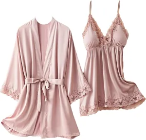 Women's V-Neck Robe & Nightgown Set, Lace Edge Kimono Bathrobe for Casual Homewear & Sleepwear
