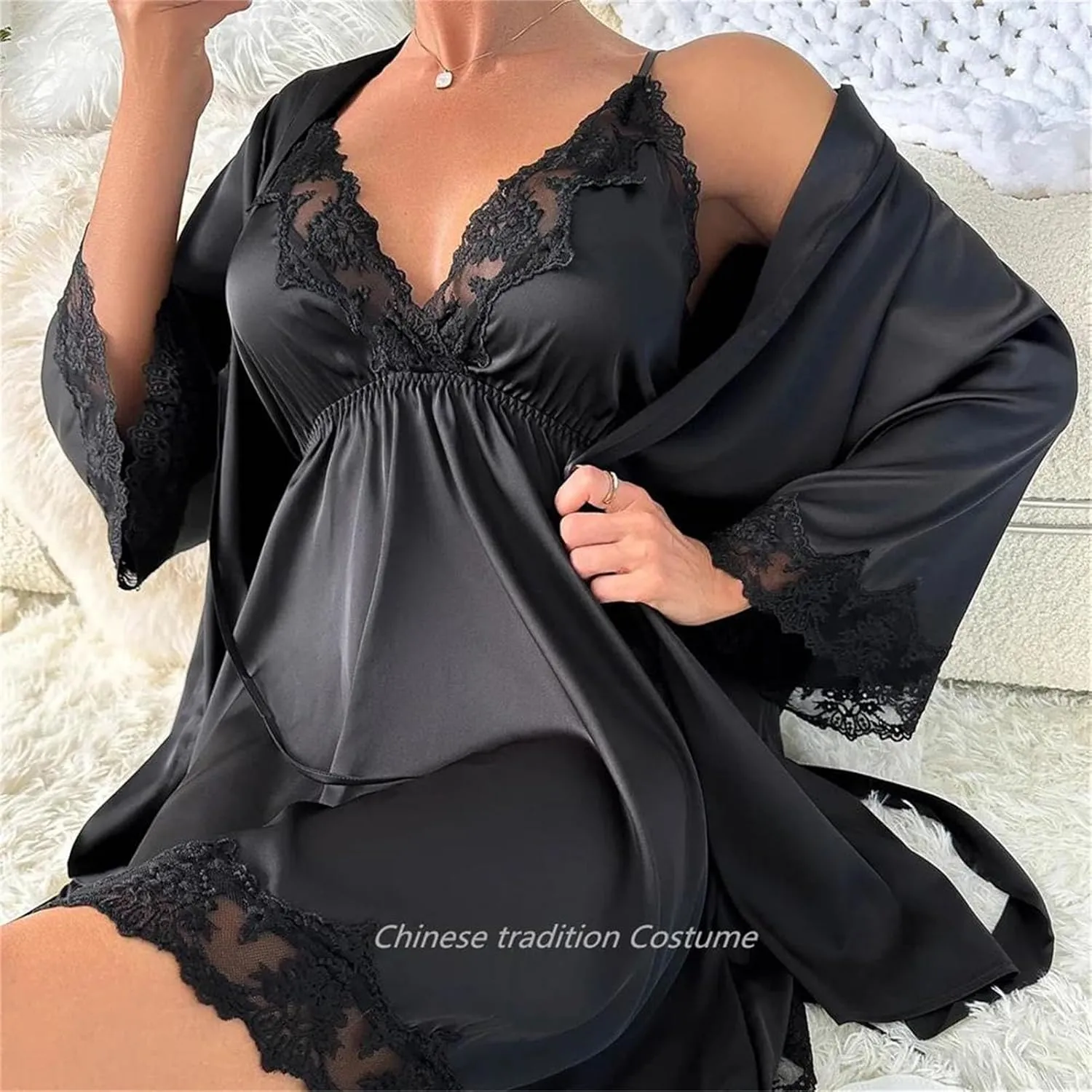Women's V-Neck Robe & Nightgown Set, Lace Edge Kimono Bathrobe for Casual Homewear & Sleepwear